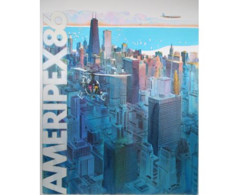 Tom McNeely (Canadian, B. 1935) "Ameripex '86 And the Chicago Skyline" Signed lower right. Original Watercolor painting on Pa