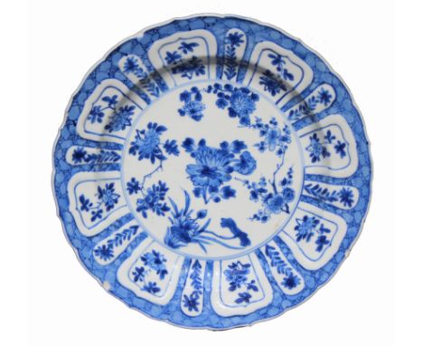 Chinese Kangxi Blue/ White Porcelain Dish. Signed with six character mark on bottom side. Areas of loss near rim. Diameter: 9