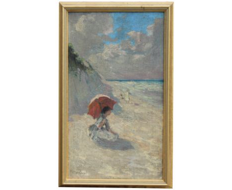 Charles DeKlyn (Ohio, New York, 1865 - 1958) Impressionist painting of an elegant woman and children on the beach near grass-