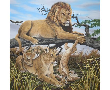 R.G. Finney (Wyoming, B. 1941) "Lion Family At Rest" Signed lower middle. Original Acrylic painting on Wood. Provenance: Coll