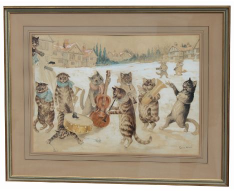 Louis William Wain (England, 1860 - 1939) "Carol Singing" Original mixed media painting. Watercolor/gouache/pen/pencil on pap