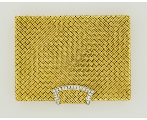 Van Cleef &amp; Arpels 18K Gold/Diamond Set Compact Case in basket weave design. With the release being diamond encrusted. Mi