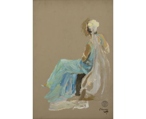Sir John Lavery, RA RSA RHA,  Irish 1856-1941- Portrait sketch of Miss Alvilde Bridges, seated full-length, wearing a blue go