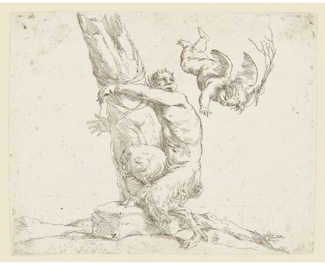 Circle of Jusepe de Ribera,  Spanish 1591-1652- Cupid whipping a satyr; etching on laid paper, bears collector's stamp for Si