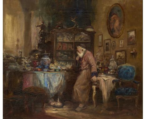 Antal Anton Péczely,  Hungarian 1891-1963- The Collector; oil on canvas, signed 'Péczely A' (lower right), 40.3 x 46.8 cm. AR