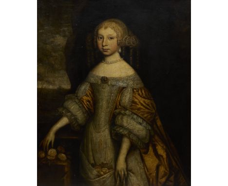 David Scougall,  Scottish, fl.1654-1672-Portrait of a lady identified as Lady Margaret Hay, Countess of Roxburghe, standing, 