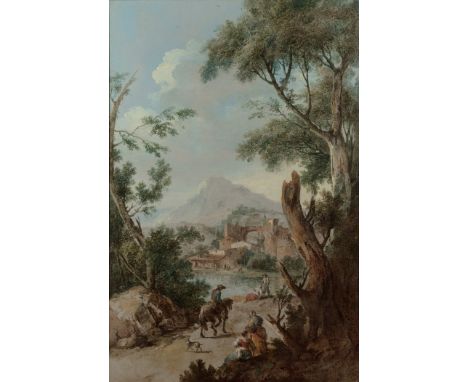 Giuseppe Zais,  Italian 1709-1784- Italianate river landscape with figures on a track in the foreground and mountains beyond;