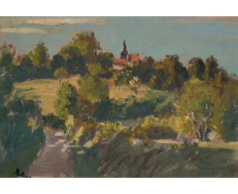 Lord Paul Ayshford Methuen, RA RWS PPRWA,  British 1886-1974- Landscape with a church in Douelle, France; oil on board, signe