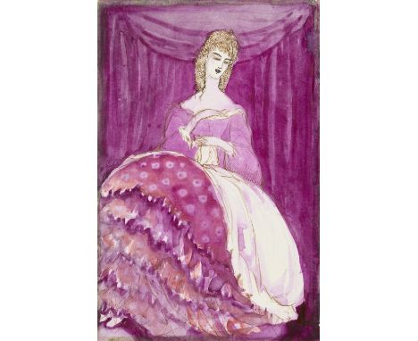 Annie French,  Scottish 1872-1965- Portrait of a lady, seated full-length, wearing historical costume; pencil, pen, brown ink