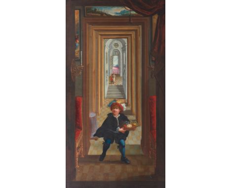 Follower of Dirck van Delen,  Dutch 1605-1671- A Page holding a basket of fruit at a doorway, an enfilade of rooms beyond; oi