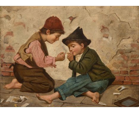 Gaetano Lodi,  Italian 1830-1886- Lighting up; oil on panel, indistinctly signed (lower right), 15.6 x 21 cm. Provenance:  Pr