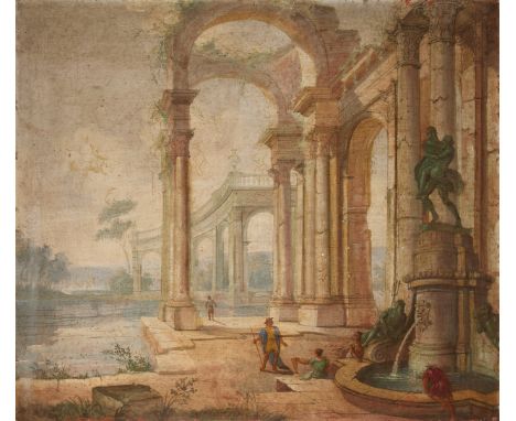 Follower of Giuseppe Zocchi,  Italian 1711-1767- Six Italianate landscapes with architectural capricci and figures beneath cl