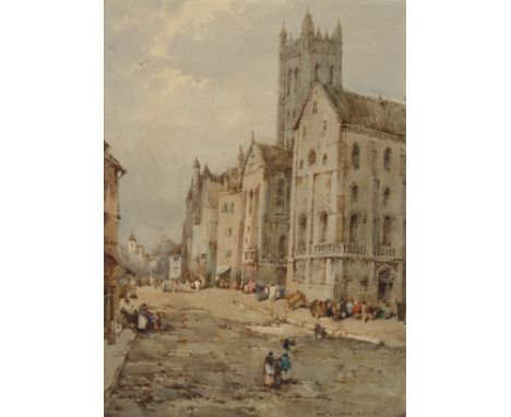 Noel Harry Leaver,  British 1889-1951- A busy street scene, with a Cathedral beyond; pencil and watercolour on paper, signed 