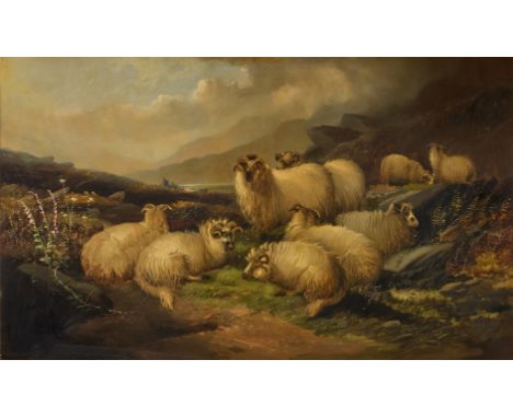 Alfred Morris,  British 1835-c.1896- A hilly landscape with rams; oil on canvas, faintly signed 'A. MORRIS' (lower left), 76.