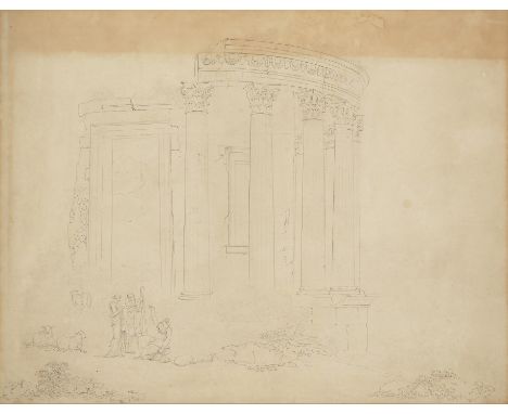 Christoph Heinrich Kniep,  German 1755-1825- A ruined temple with three figures in classical dress; pencil, pen, and black in
