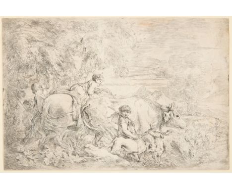 Giovanni Benedetto Castiglione,  Italian 1609-1665- Two etchings: Shepherds following their Flock; and Noah and the Animals e