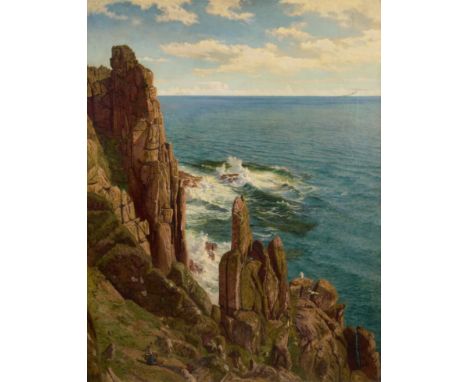 John Mulcaster Carrick,  British 1833-1896- A coastal view with figures collecting gulls' eggs on the clifftops;  oil on canv