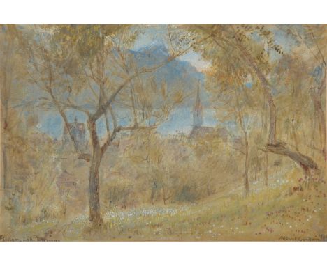 Albert Goodwin, RWS,  British 1845-1932- Flüelen, Lake Lucerne; black chalk and watercolour heightened with white on paper, s