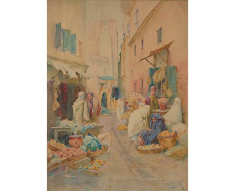 Alphonse Birck,  French 1859-1942- A North African street scene; pencil and watercolour on paper, signed 'A Birck' (lower rig