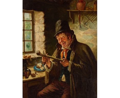 Circle of Hermann Armin von Kern,  German 1838-1912- A man seated at a window, whittling a bone; oil on canvas, 46 x 36 cm. P