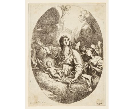 Carlo Maratta,  Italian 1625-1713- The Holy Family with Angels; etching on laid paper, bears inscriptions 'Carol. Marata.' (l