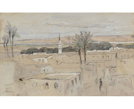 Hercules Brabazon Brabazon,  British 1821-1906- View over a town, with dhows on the Nile beyond, Egypt; pencil and watercolou