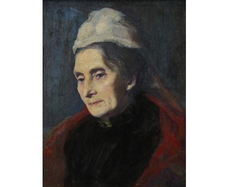 Circle of George Frederic Watts, OM, RA,  British 1817-1904- Portrait of a lady, quarter-length, wearing a white cap and red 