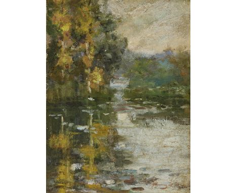 Chauncey Foster Ryder,  American 1868-1949- A river landscape; oil on panel, signed 'Chauncey F. Ryder' (lower right), inscri