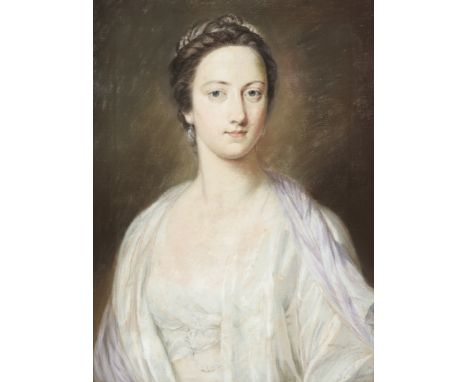 Circle of William Hoare of Bath, RA,  British 1702-1792- Portrait of Mrs Catherine Charles, bust-length, wearing a white musl