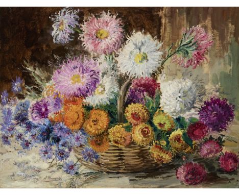 José Mongrell,  Spanish 1870-1937- Still life with white, purple, and orange chrysanthemums in a basket; oil on canvas, signe