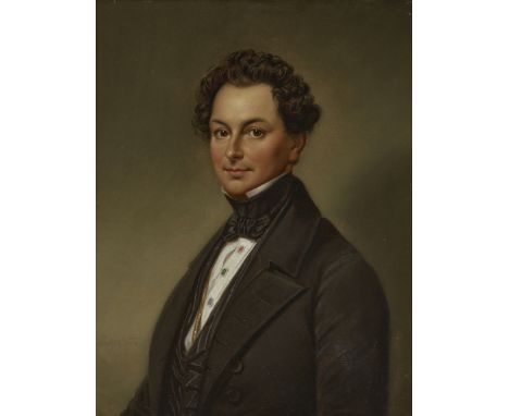 Circle of Vasily Andreevich Tropinin,  Russian 1776-1857- Portrait of a gentleman, seated half-length, wearing a black coat a