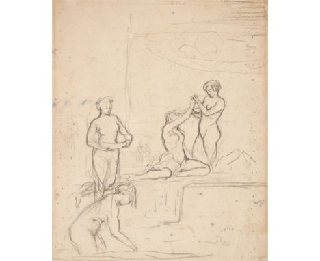 Charles Edward Conder,  British / Australian 1868-1909- Female nudes beside a pool; charcoal on paper, bears inscription 'Cha