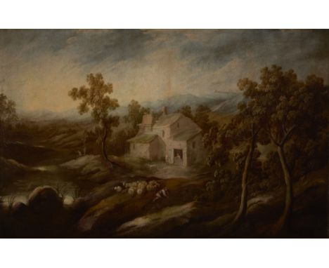 Follower of George Smith of Chichester,  British 1714-1776- An extensive landscape with a farmstead and a shepherd sleeping b