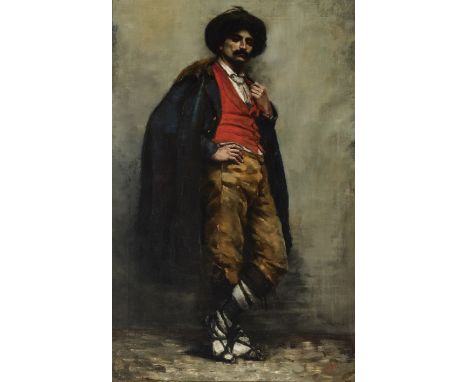 Circle of William Merritt Chase,  American 1849-1916- Portrait of a man, standing full-length, wearing regional costume; oil 