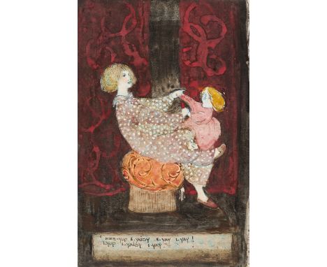 Annie French,  Scottish 1872-1965- Illustration of a seated mother playing with her young child; pen, blue and black ink, and