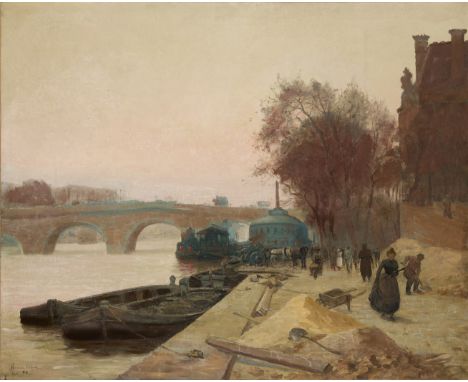 Hermann Delpech,  French 1865-1918- View along the Seine, Paris; oil on canvas, signed, inscribed, and dated 'Hermann Delpech
