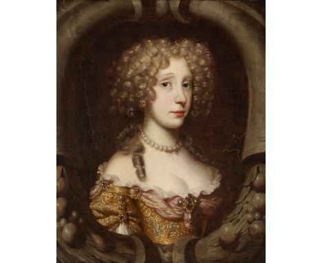 Circle of John Michael Wright,  British 1616-1694- Portrait of a lady, bust-length, wearing a bejewelled russet dress and pea