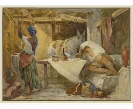 John Absolon,  British 1815-1895- A barn interior with figures and a horse;  pencil and watercolour on paper, 18.8 x 26 cm.Pr
