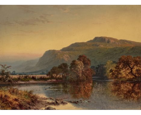 Benjamin Williams Leader, RA,  British 1831-1923- View of a river in a mountainous landscape, with figures resting on the sho