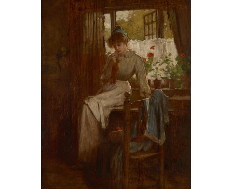 Carlton Alfred Smith,  British 1853-1946- A lady seated by a window, holding her knitting; oil on panel, signed 'Carlton A. S