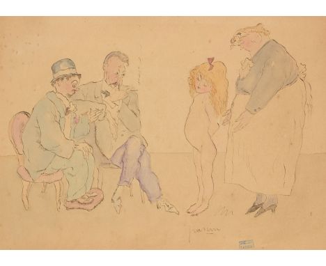 Jules Pascin,  Bulgarian / American 1885-1930- Four figures in an interior; pen, ink, and watercolour on paper, signed 'pasci