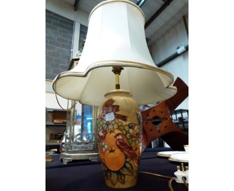 MOORCROFT BIRD & FRUIT LAMP. Large Moorcroft Bird and fruit pattern table lamp & shade (base H: 25 cm)