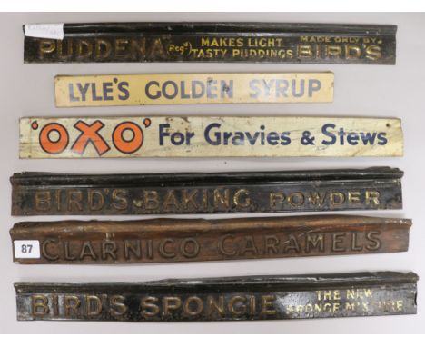Five shelf advertising signs for Baking Powder, Sponge Mixture, Caramels, Pudding Mix and Oxo approx. length 49cm