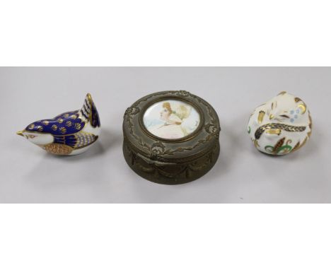A French 19th century ormolu circular trinket box and two Royal Crown Derby paperweights, Wren and Sleeping Dormouse, each wi