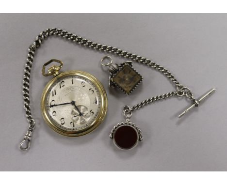 An Elgin engine-turned rolled gold pocket watch, a silver watch chain and two swivel fobs, one with bloodstone and carnelian 