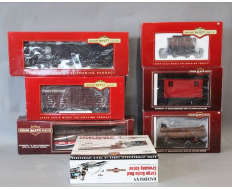 Bachmann Big Haulers G gauge rolling stock; a G hopper 98230, 2 x G logging caboose 93127/93170, L freight cars 98684, G reef