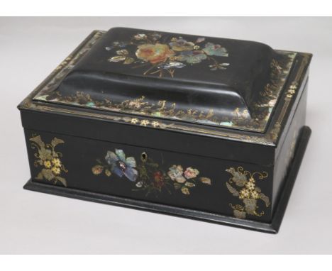 A Victorian floral painted mother of pearl inlaid lacquered papier mache box length 31cm