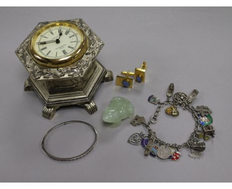 A ruby and diamond-set hinged bangle, a silver charm bracelet and sundries, including a pair of cabochon opal and gilt metal 