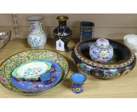 An 18th century enamel bowl and mixed enamel cloisonne wares largest diameter 25.5cm