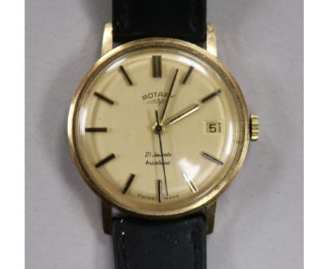 A gentlemen's Rotary 9ct gold wristwatch, 21-jewel Incabloc movement, having champagne dial with baton numerals, date apertur